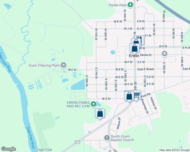 map of restaurants, bars, coffee shops, grocery stores, and more near 408 South 17th Street in Erwin