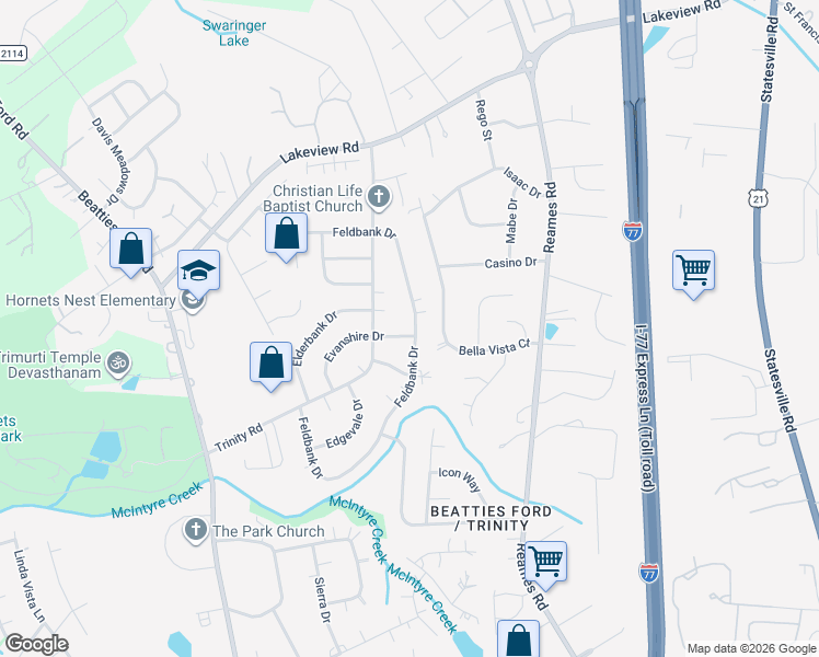 map of restaurants, bars, coffee shops, grocery stores, and more near 5518 Evanshire Drive in Charlotte