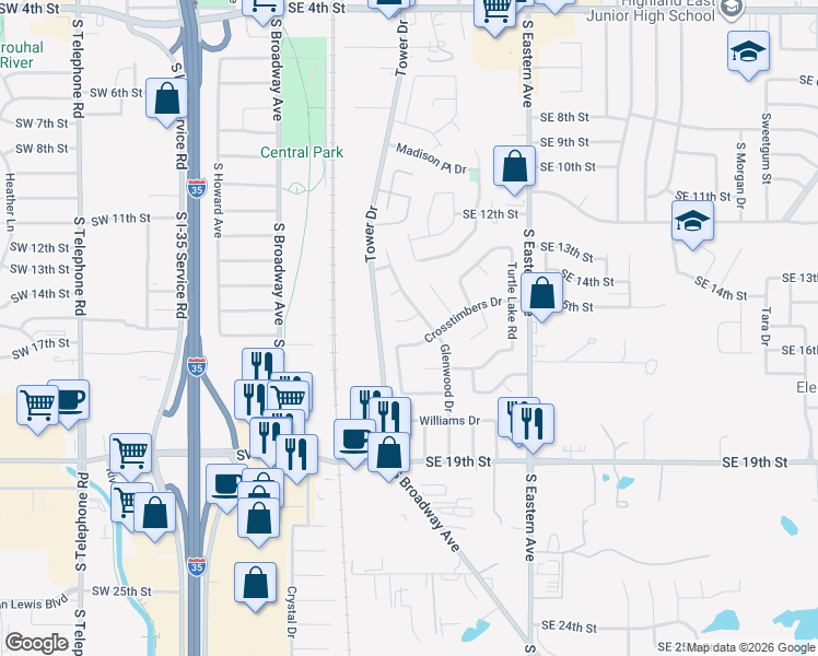 map of restaurants, bars, coffee shops, grocery stores, and more near 1600 Willow Brook Street in Moore