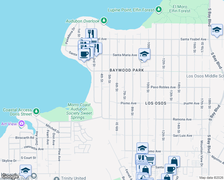 map of restaurants, bars, coffee shops, grocery stores, and more near 1518 5th Street in Baywood-Los Osos