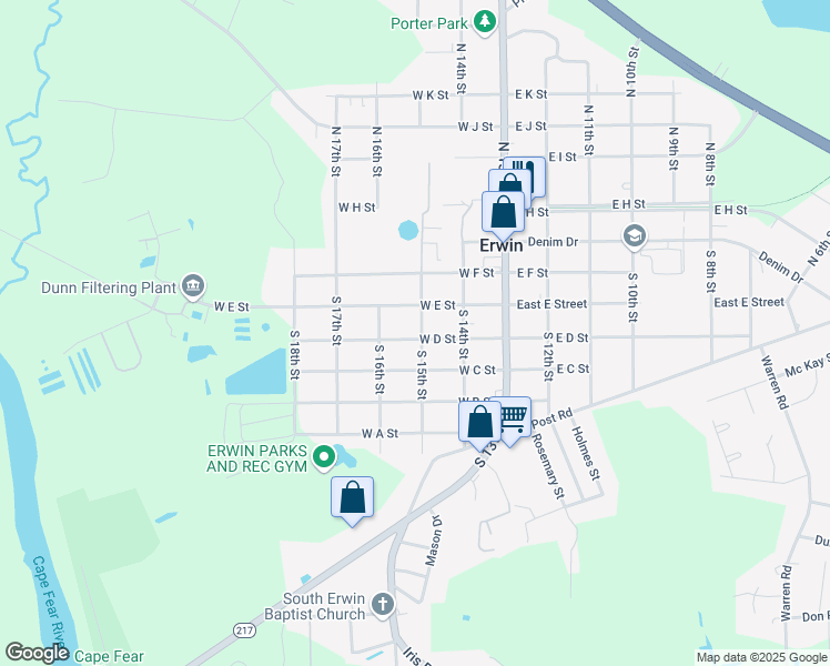 map of restaurants, bars, coffee shops, grocery stores, and more near 408 South 15th Street in Erwin