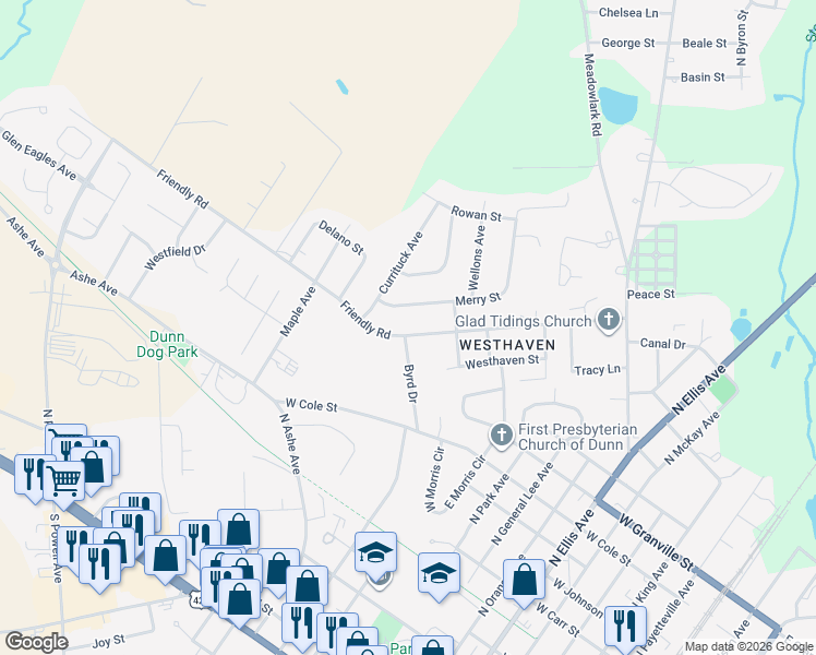 map of restaurants, bars, coffee shops, grocery stores, and more near 1111 Friendly Road in Dunn