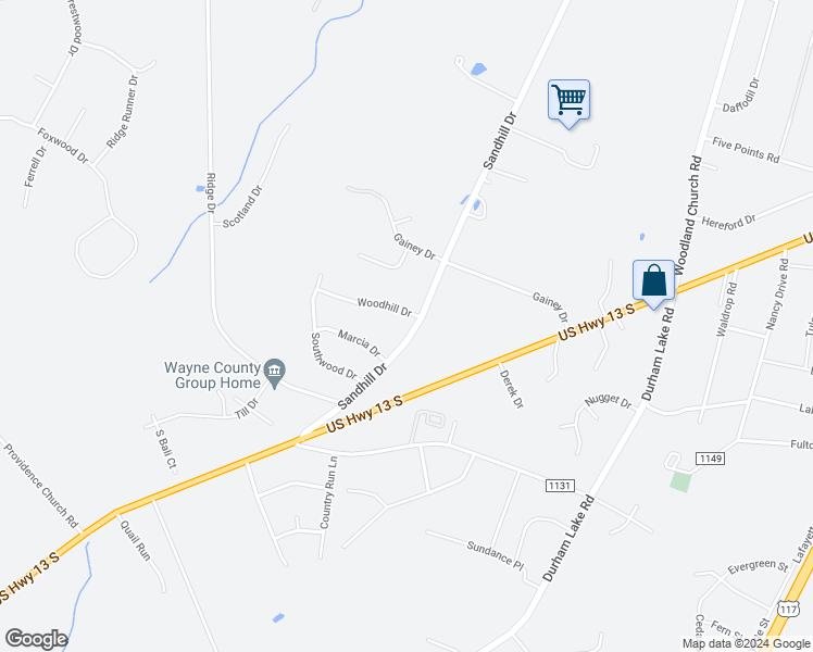map of restaurants, bars, coffee shops, grocery stores, and more near 458 Sandhill Drive in Goldsboro