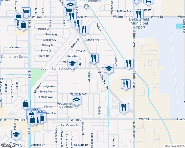 map of restaurants, bars, coffee shops, grocery stores, and more near 700 Idlewood Court in Bakersfield