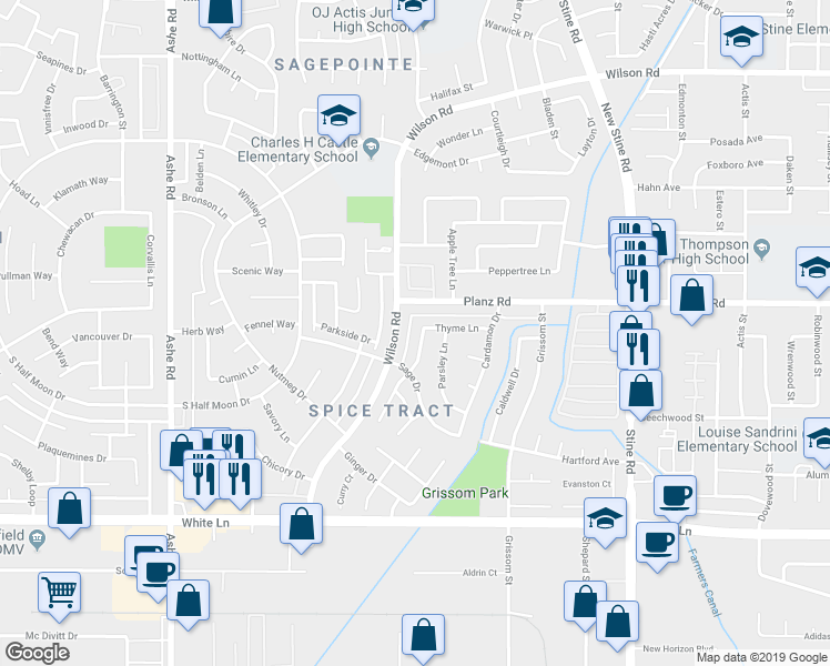 map of restaurants, bars, coffee shops, grocery stores, and more near 6312 Wilson Road in Bakersfield