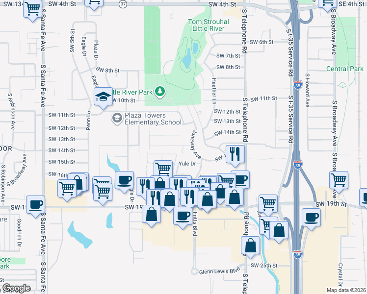 map of restaurants, bars, coffee shops, grocery stores, and more near 1700 Southwest 17th Street in Moore