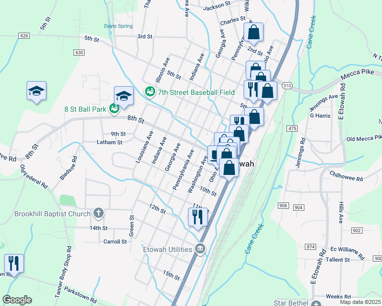 map of restaurants, bars, coffee shops, grocery stores, and more near 823 Pennsylvania Avenue in Etowah