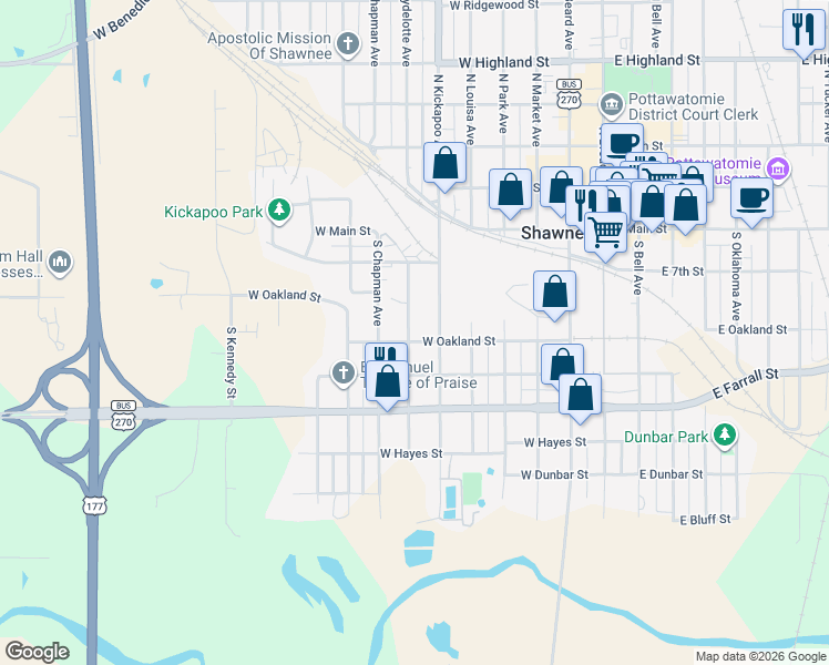 map of restaurants, bars, coffee shops, grocery stores, and more near 406 South Aydelotte Avenue in Shawnee