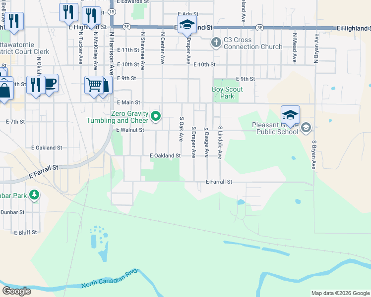 map of restaurants, bars, coffee shops, grocery stores, and more near 1203 East Oakland Street in Shawnee