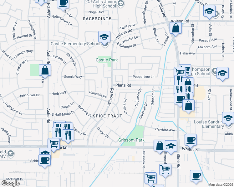map of restaurants, bars, coffee shops, grocery stores, and more near 6312 Wilson Road in Bakersfield