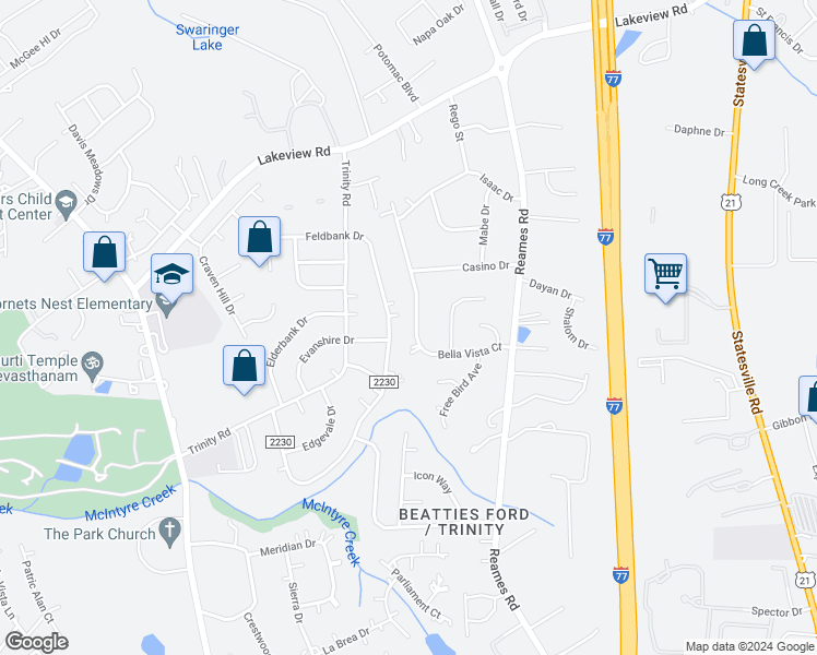 map of restaurants, bars, coffee shops, grocery stores, and more near 8009 Bella Vista Court in Charlotte