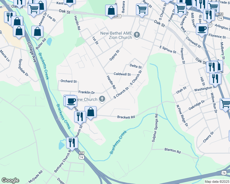map of restaurants, bars, coffee shops, grocery stores, and more near 596 South Church Street in Forest City