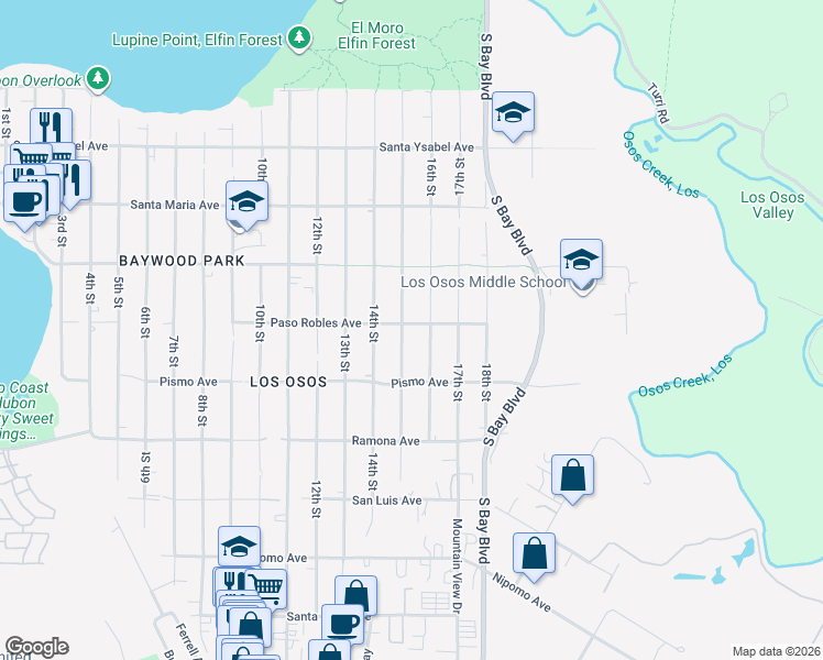 map of restaurants, bars, coffee shops, grocery stores, and more near 1500 15th Street in Baywood-Los Osos