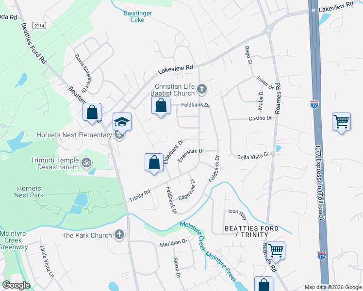 map of restaurants, bars, coffee shops, grocery stores, and more near 5333 Evanshire Drive in Charlotte