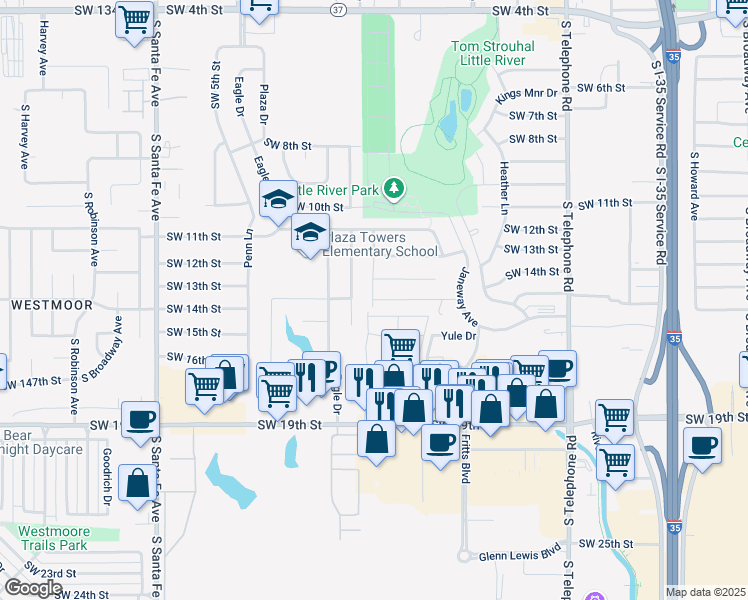map of restaurants, bars, coffee shops, grocery stores, and more near 797 Southwest 14th Street in Moore