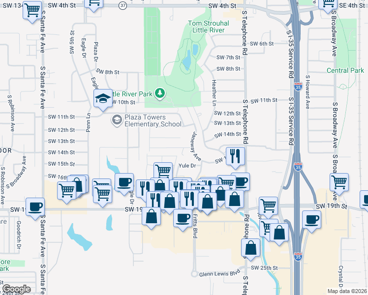 map of restaurants, bars, coffee shops, grocery stores, and more near 1716 Southwest 17th Street in Moore