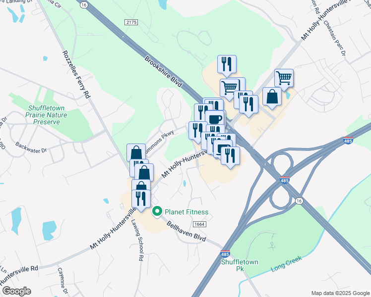 map of restaurants, bars, coffee shops, grocery stores, and more near 3413 Mount Holly-Huntersville Road in Charlotte