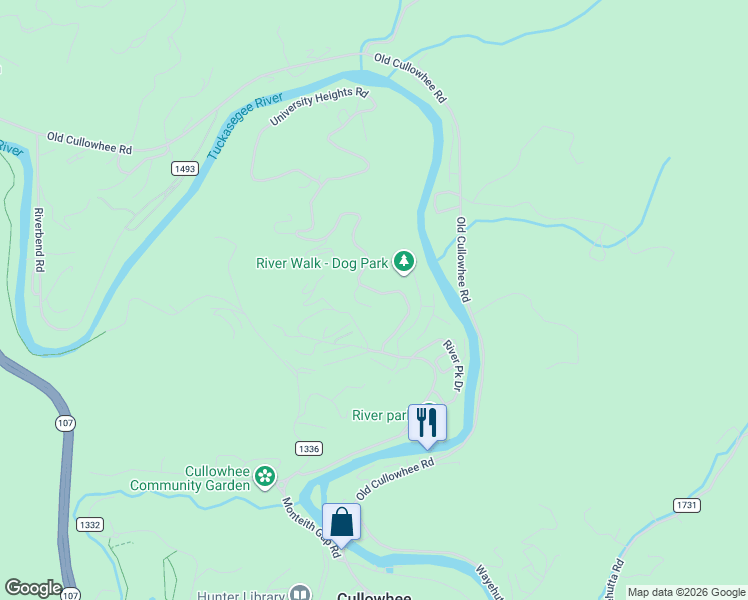 map of restaurants, bars, coffee shops, grocery stores, and more near 17 University Heights Road in Cullowhee