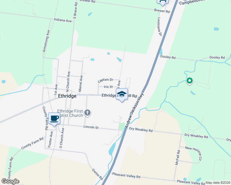 map of restaurants, bars, coffee shops, grocery stores, and more near 33 Main Street in Ethridge