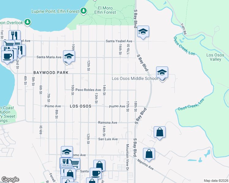 map of restaurants, bars, coffee shops, grocery stores, and more near 1500 15th Street in Baywood-Los Osos