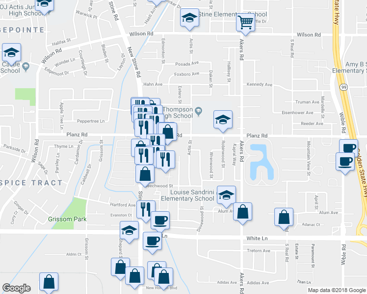 map of restaurants, bars, coffee shops, grocery stores, and more near 3405 Starwood Lane in Bakersfield
