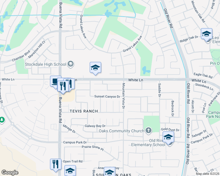 map of restaurants, bars, coffee shops, grocery stores, and more near 10700 Sunset Canyon Drive in Bakersfield