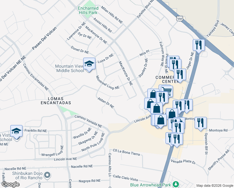map of restaurants, bars, coffee shops, grocery stores, and more near 7326 Kodiak Road Northeast in Rio Rancho
