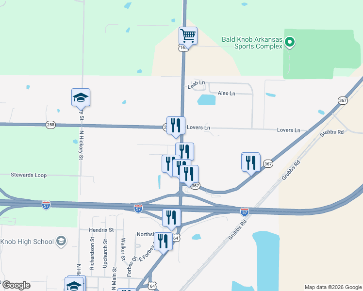 map of restaurants, bars, coffee shops, grocery stores, and more near 146 U.S. 167 in Bald Knob
