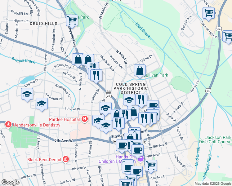 map of restaurants, bars, coffee shops, grocery stores, and more near 921 North Main Street in Hendersonville