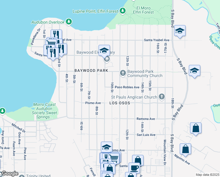 map of restaurants, bars, coffee shops, grocery stores, and more near 1505 10th Street in Baywood-Los Osos