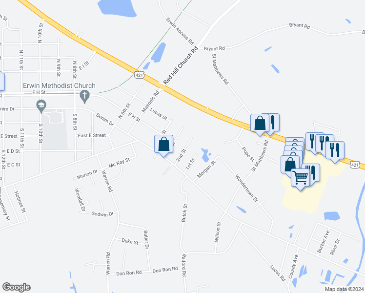 map of restaurants, bars, coffee shops, grocery stores, and more near 105 2nd Street in Erwin