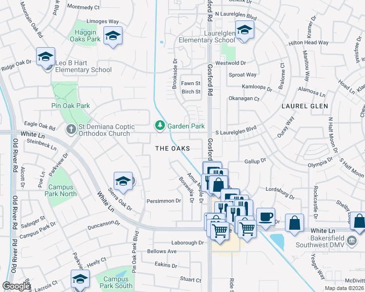 map of restaurants, bars, coffee shops, grocery stores, and more near 8216 Newhaven Court in Bakersfield