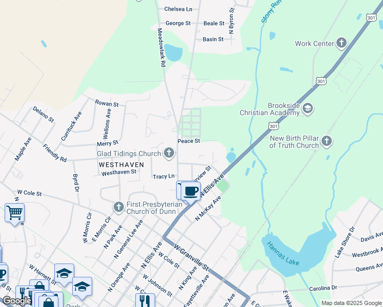 map of restaurants, bars, coffee shops, grocery stores, and more near 600 Canal Drive in Dunn