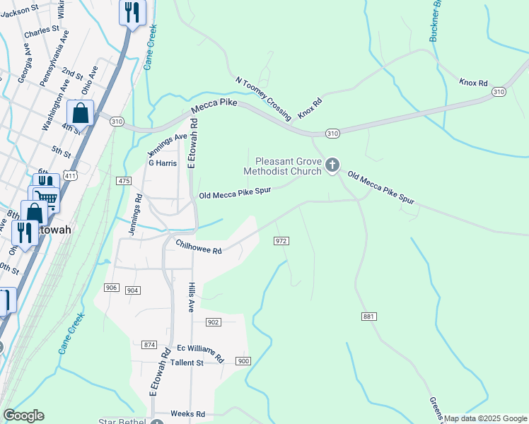 map of restaurants, bars, coffee shops, grocery stores, and more near 226 County Road 475 in Etowah