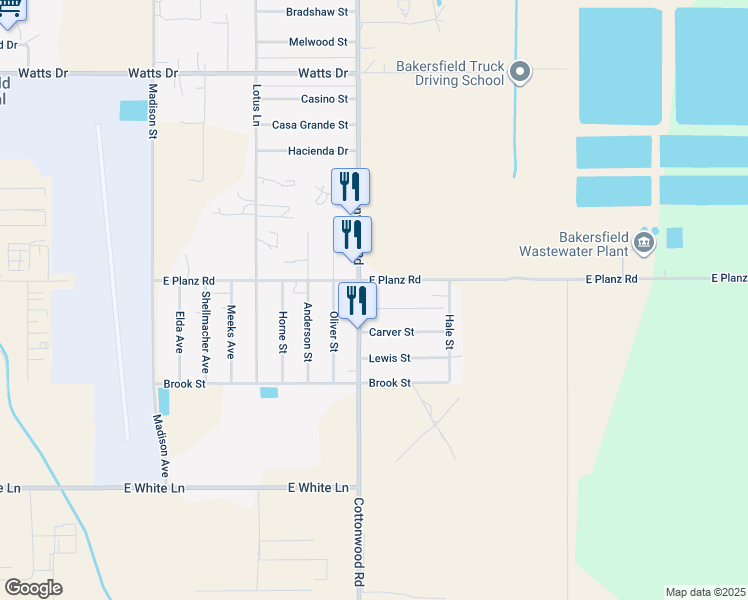 map of restaurants, bars, coffee shops, grocery stores, and more near 1712 Filson Street in Bakersfield
