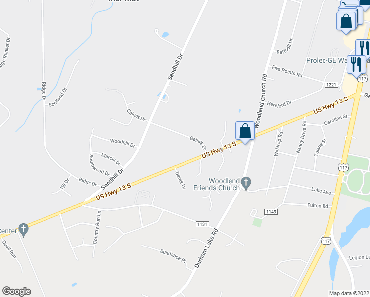 map of restaurants, bars, coffee shops, grocery stores, and more near 448 US Highway 13 South in Goldsboro