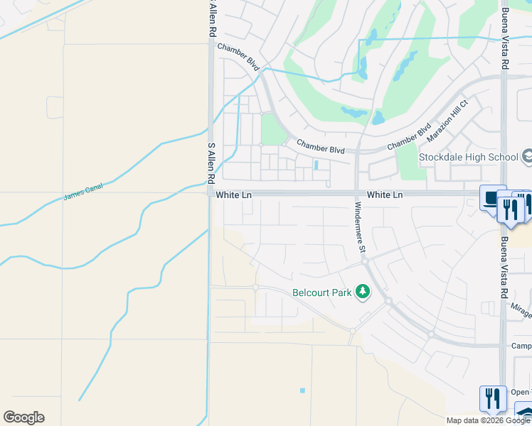 map of restaurants, bars, coffee shops, grocery stores, and more near 3326 Madrone Lane in Bakersfield