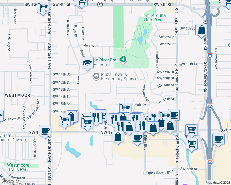 map of restaurants, bars, coffee shops, grocery stores, and more near 1321 MacAlpine Street in Moore