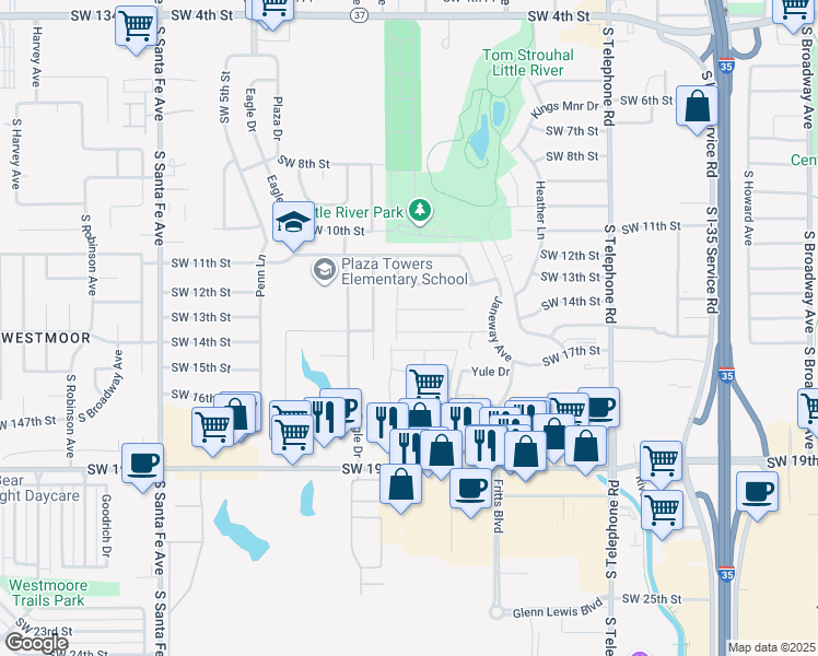map of restaurants, bars, coffee shops, grocery stores, and more near 1321 MacAlpine Street in Moore