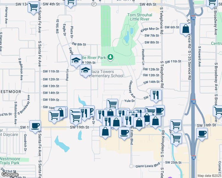 map of restaurants, bars, coffee shops, grocery stores, and more near 747 Southwest 13th Street in Moore
