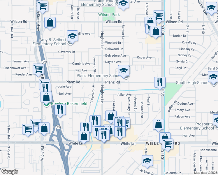 map of restaurants, bars, coffee shops, grocery stores, and more near 2312 Planz Road in Bakersfield
