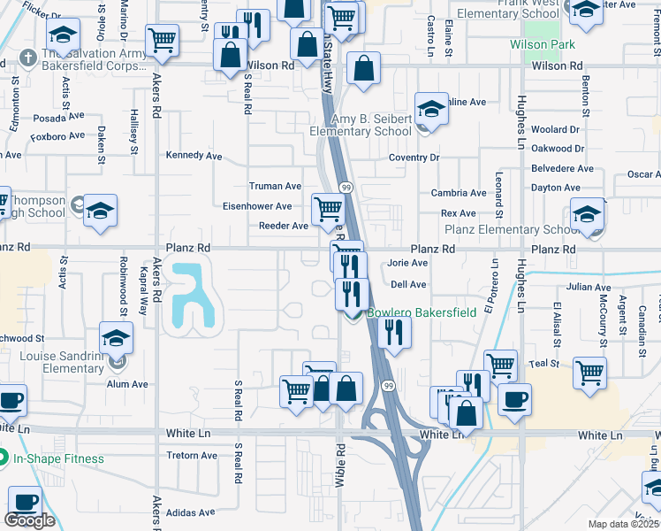 map of restaurants, bars, coffee shops, grocery stores, and more near 3400 Planz Road in Bakersfield