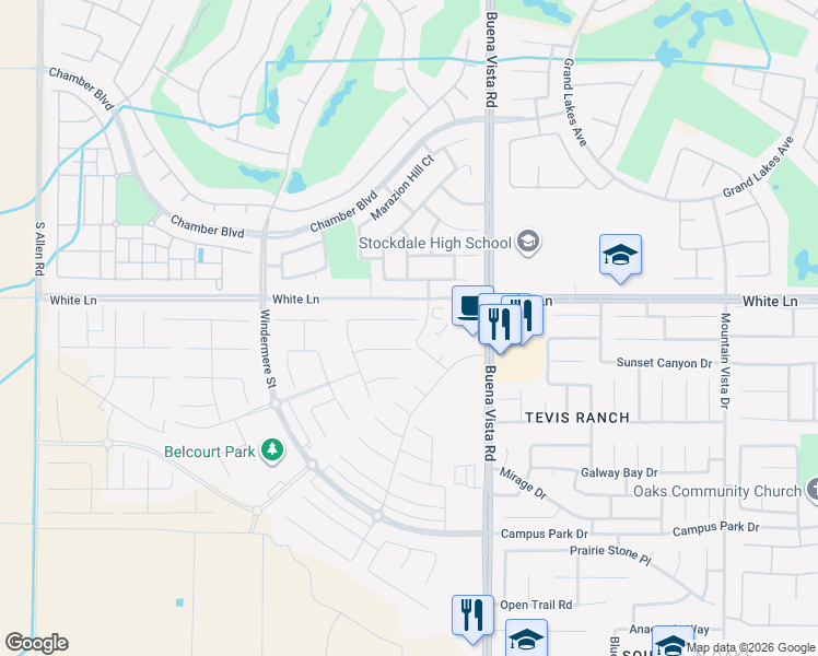 map of restaurants, bars, coffee shops, grocery stores, and more near 11606 Heliotrope Court in Bakersfield