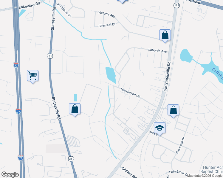 map of restaurants, bars, coffee shops, grocery stores, and more near 7127 Henderson Valley Lane in Charlotte