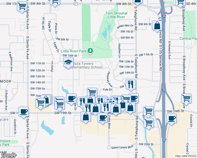 map of restaurants, bars, coffee shops, grocery stores, and more near 721 Southwest 13th Street in Moore