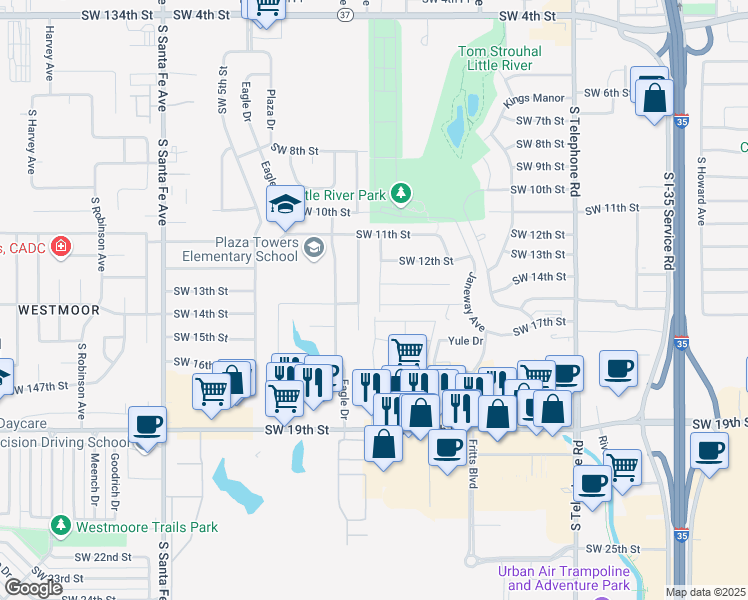 map of restaurants, bars, coffee shops, grocery stores, and more near 1413 MacAlpine Street in Moore