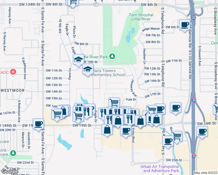 map of restaurants, bars, coffee shops, grocery stores, and more near 757 Southwest 14th Street in Moore