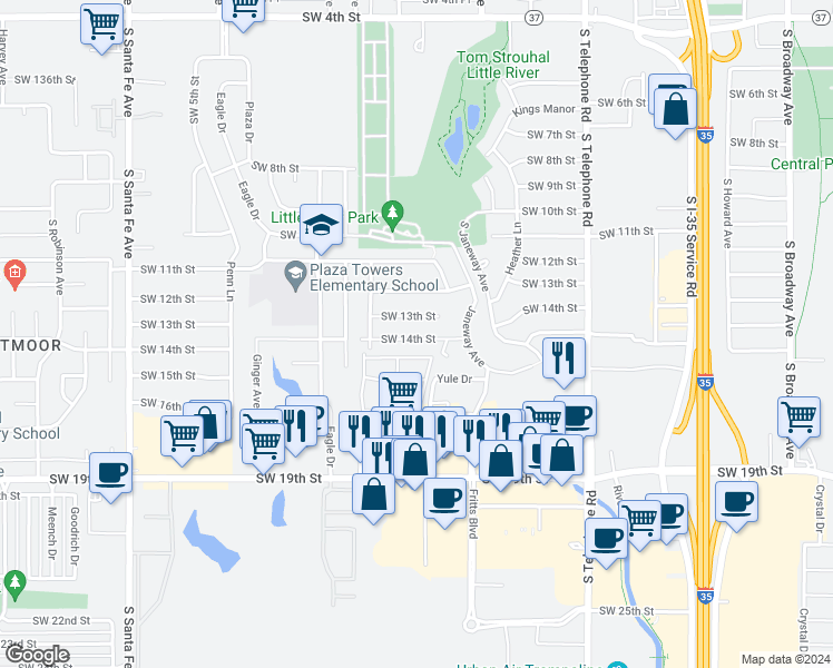 map of restaurants, bars, coffee shops, grocery stores, and more near 731 Southwest 14th Street in Moore
