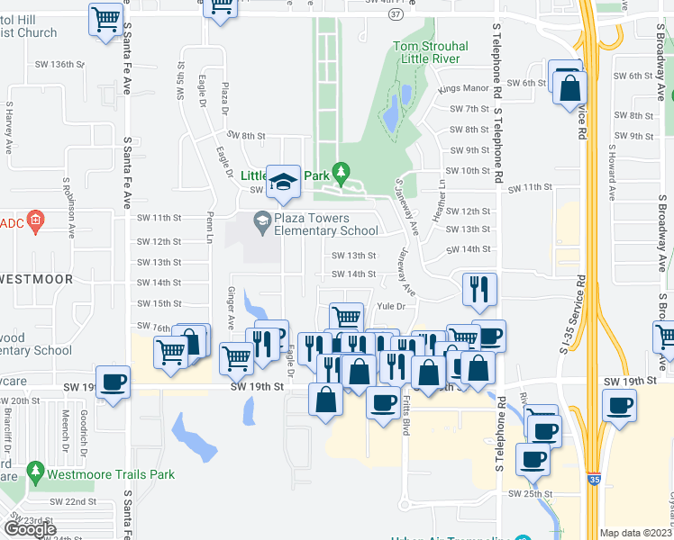 map of restaurants, bars, coffee shops, grocery stores, and more near 755 Southwest 14th Street in Moore