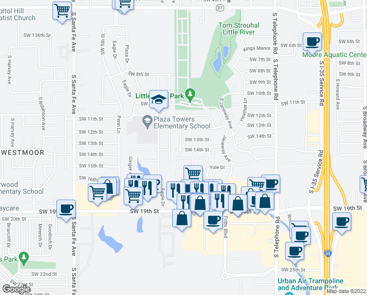 map of restaurants, bars, coffee shops, grocery stores, and more near 771 Southwest 14th Street in Moore